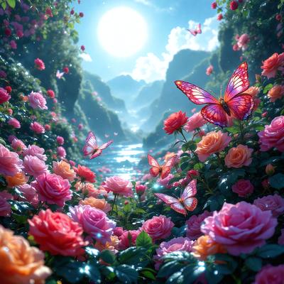 Primary subject: A beautiful garden filled with pink and orange flowers, surrounded by green bushes and a blue sky.

Setting/background: The garden is set in a picturesque landscape, with a mountain in the background and a river nearby. The sky is blue, and the flowers are in full bloom.

Visual style: The image is a digital artwork, featuring a vibrant and colorful scene.

Colors and mood: The dominant colors are pink, orange, and green, creating a